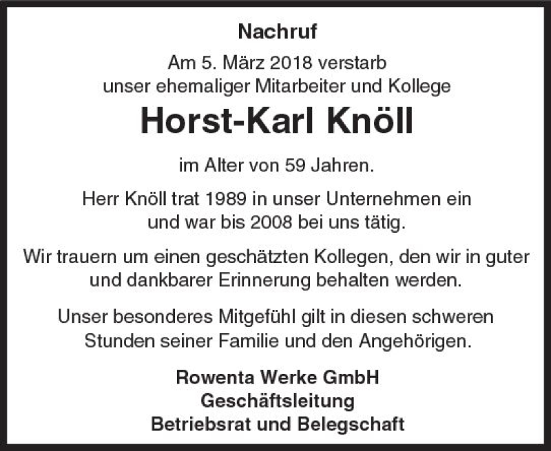 Traueranzeige für Horst-Karl Knöll vom 07.04.2018 aus Trauerportal Rhein Main Presse