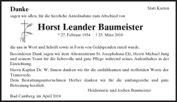 Traueranzeige von Horst Leander Baumeister von  Camberger Anzeiger