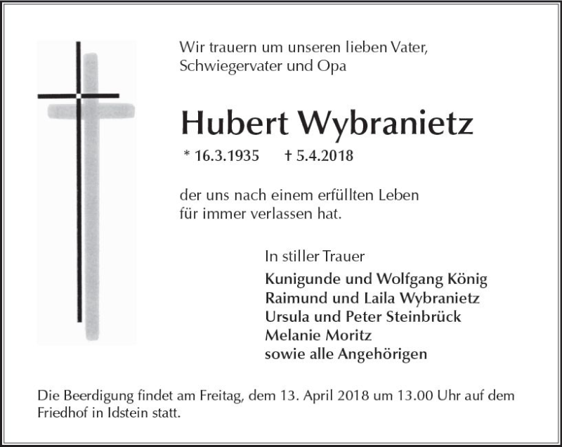  Traueranzeige für Hubert Wybranietz vom 11.04.2018 aus Trauerportal Rhein Main Presse