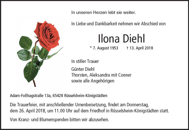  Traueranzeige für Ilona Diehl vom 24.04.2018 aus Trauerportal Rhein Main Presse