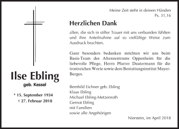 Traueranzeige von Ilse Ebling von Trauerportal Rhein Main Presse