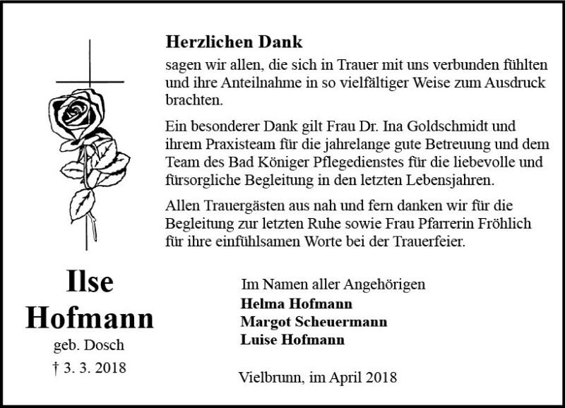  Traueranzeige für Ilse Hofmann vom 07.04.2018 aus Trauerportal Rhein Main Presse