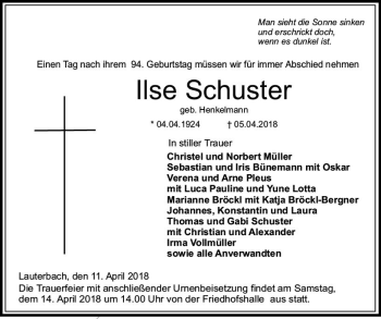 Traueranzeige von Ilse Schuster von VRM Trauer