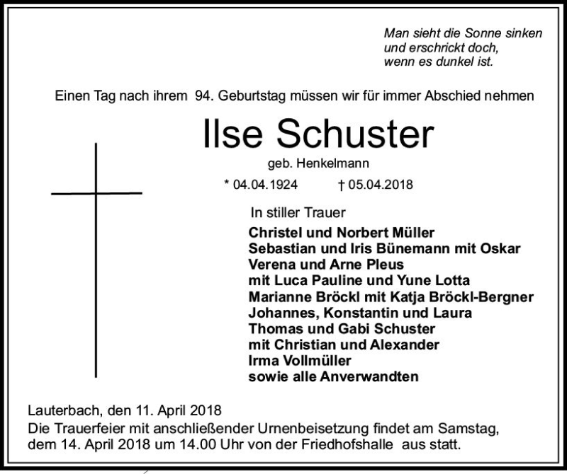  Traueranzeige für Ilse Schuster vom 11.04.2018 aus VRM Trauer
