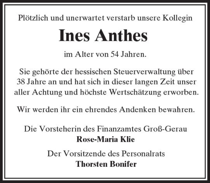  Traueranzeige für Ines Anthes vom 28.04.2018 aus Trauerportal Rhein Main Presse