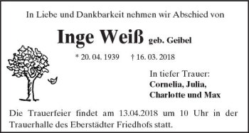 Traueranzeige von Inge Weiß von Trauerportal Rhein Main Presse