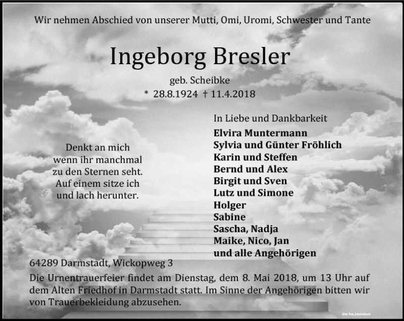  Traueranzeige für Ingeborg Bresler vom 28.04.2018 aus Trauerportal Rhein Main Presse