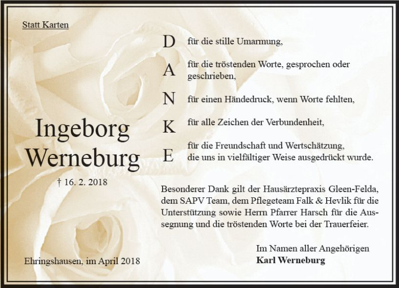  Traueranzeige für Ingeborg Werneburg vom 21.04.2018 aus VRM Trauer