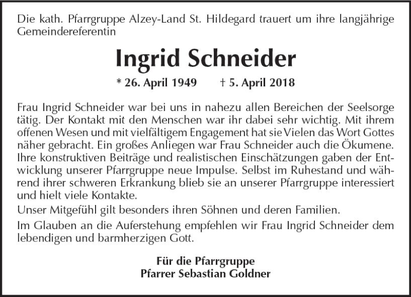  Traueranzeige für Ingrid Schneider vom 14.04.2018 aus Trauerportal Rhein Main Presse