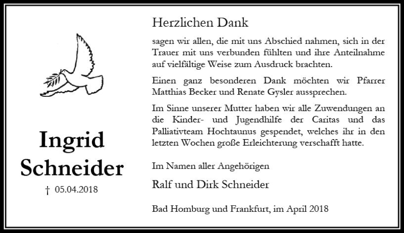  Traueranzeige für Ingrid Schneider vom 28.04.2018 aus Trauerportal Rhein Main Presse