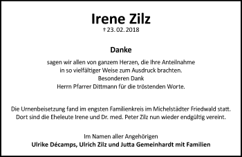 Traueranzeige von Irene Zilz von Trauerportal Rhein Main Presse