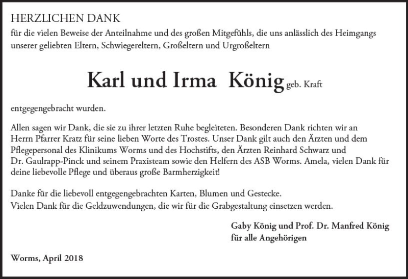  Traueranzeige für Irma König vom 06.04.2018 aus Trauerportal Rhein Main Presse