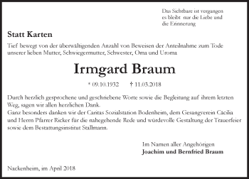 Traueranzeige von Irmgard Braum von Trauerportal Rhein Main Presse