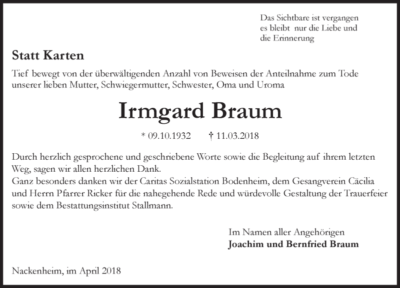  Traueranzeige für Irmgard Braum vom 21.04.2018 aus Trauerportal Rhein Main Presse