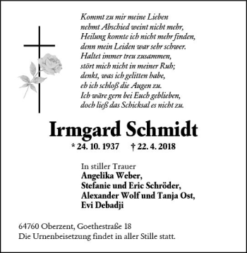 Traueranzeige von Irmgard Schmidt von Trauerportal Rhein Main Presse