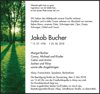 Traueranzeige von Jakob Bucher von Trauerportal Rhein Main Presse