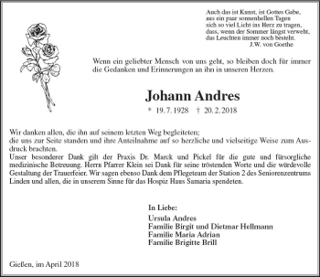 Traueranzeige von Johann Andres von  Gießener Anzeiger