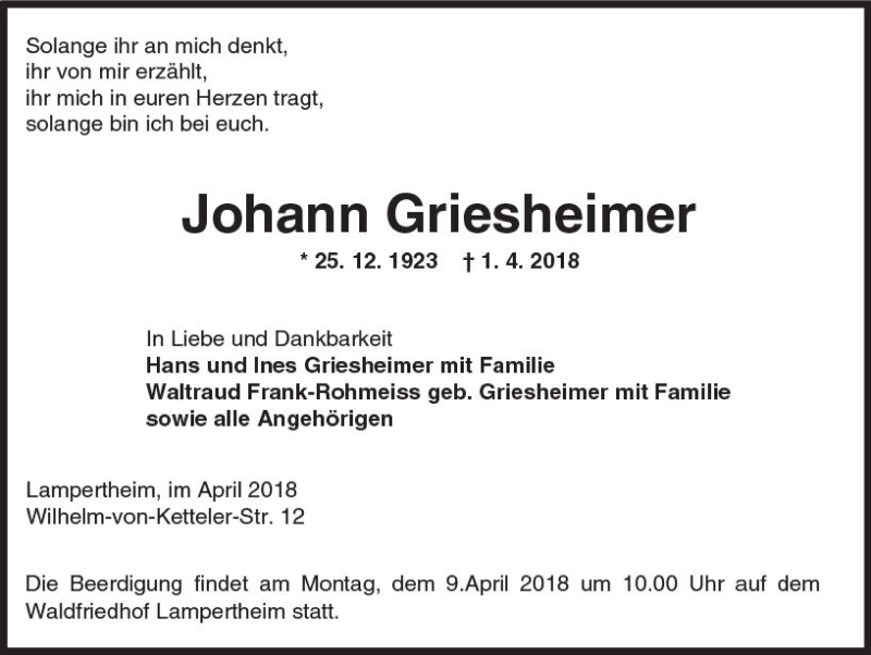  Traueranzeige für Johann Griesheimer vom 06.04.2018 aus Trauerportal Rhein Main Presse