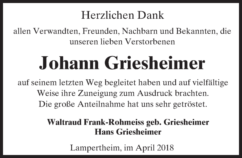  Traueranzeige für Johann Griesheimer vom 21.04.2018 aus Trauerportal Rhein Main Presse