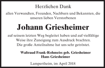 Traueranzeige von Johann Griesheimer von Trauerportal Rhein Main Presse