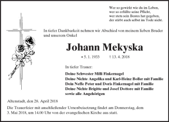 Traueranzeige von Johann Mekyska von  Kreisanzeiger
