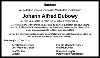 Traueranzeige von Johann Alfred Dubowy von  Kreisanzeiger