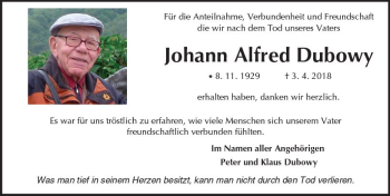 Traueranzeige von Johann Alfred Dubowy von  Kreisanzeiger