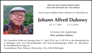Traueranzeige von Johann Alfred Dubowy von  Kreisanzeiger