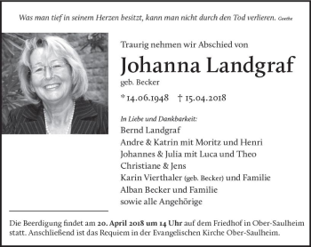 Traueranzeige von Johanna Landgraf von Trauerportal Rhein Main Presse