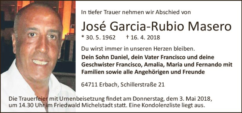  Traueranzeige für Jose Garcia-Rubio Masero vom 28.04.2018 aus Trauerportal Rhein Main Presse
