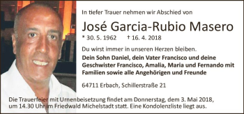Traueranzeige von Jose Garcia-Rubio Masero von Trauerportal Rhein Main Presse