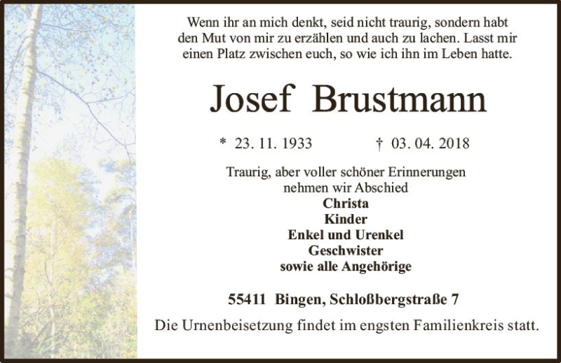  Traueranzeige für Josef Brustmann vom 16.04.2018 aus Trauerportal Rhein Main Presse