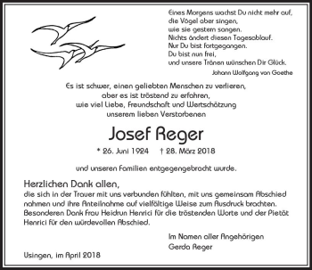 Traueranzeige von Josef Reger von  Usinger Anzeiger