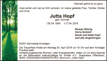 Traueranzeige von Jutta Hopf von Trauerportal Rhein Main Presse