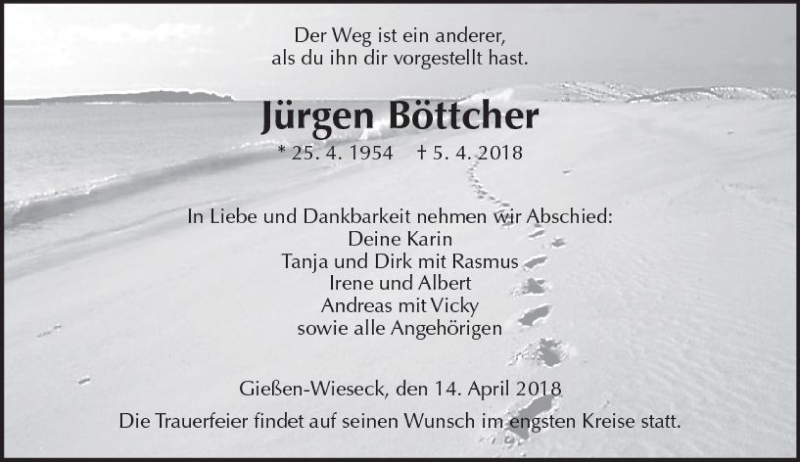  Traueranzeige für Jürgen Böttcher vom 14.04.2018 aus  Gießener Anzeiger