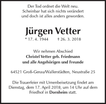Traueranzeige von Jürgen Vetter von Trauerportal Rhein Main Presse