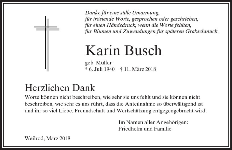  Traueranzeige für Karin Busch vom 03.04.2018 aus  Usinger Anzeiger