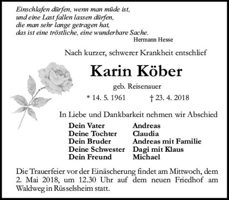 Traueranzeige für Karin Köber vom 28.04.2018 aus Trauerportal Rhein Main Presse