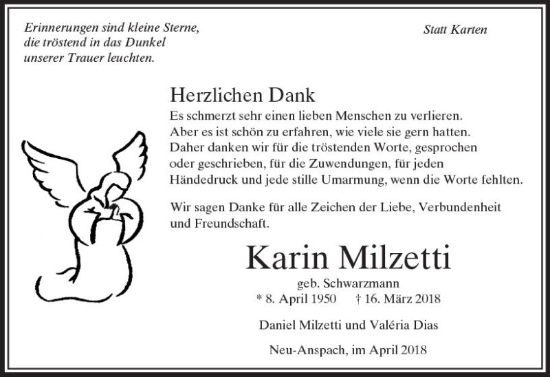  Traueranzeige für Karin Milzetti vom 07.04.2018 aus  Usinger Anzeiger