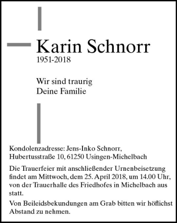 Traueranzeige von Karin Schnorr von  Usinger Anzeiger