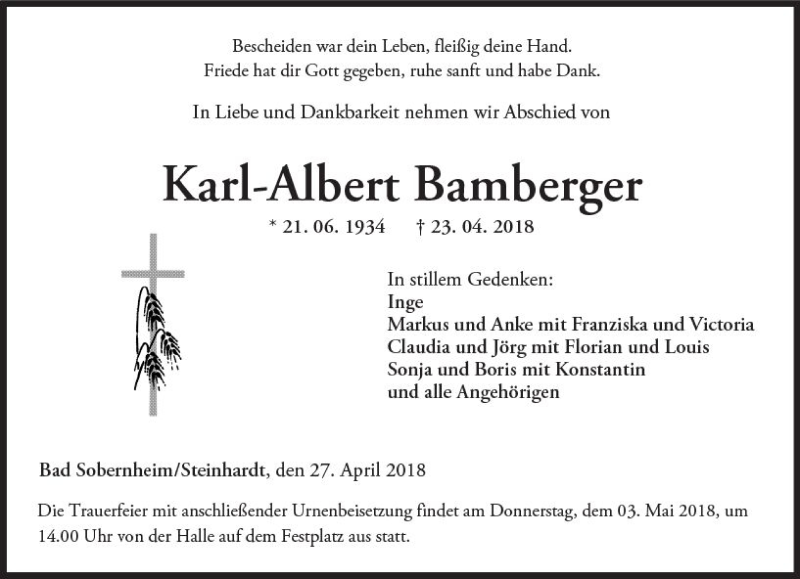  Traueranzeige für Karl-Albert Bamberger vom 27.04.2018 aus Trauerportal Rhein Main Presse