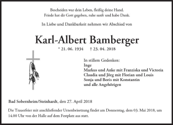 Traueranzeige von Karl-Albert Bamberger von Trauerportal Rhein Main Presse