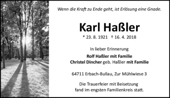 Traueranzeige von Karl Haßler von Trauerportal Rhein Main Presse