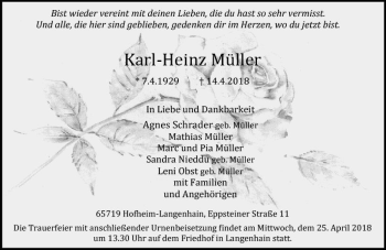 Traueranzeige von Karl-Heinz Müller von Trauerportal Rhein Main Presse