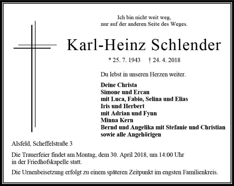  Traueranzeige für Karl-Heinz Schlender vom 26.04.2018 aus VRM Trauer