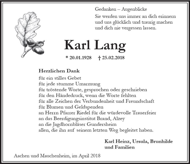  Traueranzeige für Karl Lang vom 14.04.2018 aus Trauerportal Rhein Main Presse