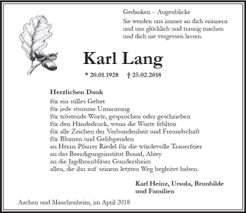 Traueranzeige von Karl Lang von Trauerportal Rhein Main Presse