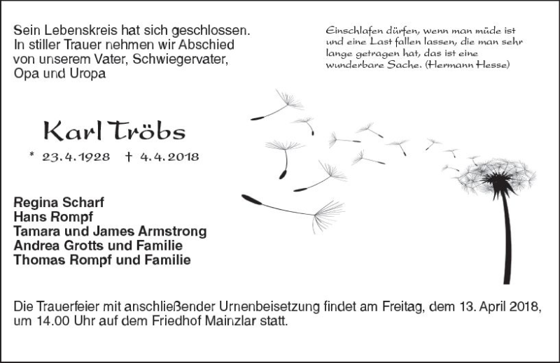  Traueranzeige für Karl Tröbs vom 07.04.2018 aus  Gießener Anzeiger