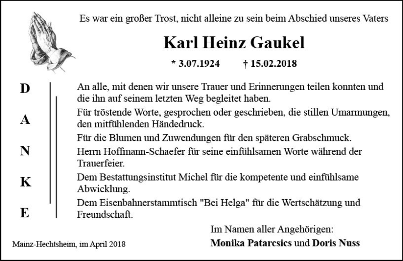  Traueranzeige für Karl Heinz Gaukel vom 14.04.2018 aus Trauerportal Rhein Main Presse