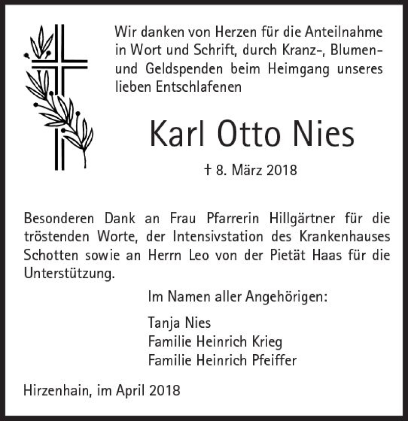  Traueranzeige für Karl Otto Nies vom 14.04.2018 aus  Kreisanzeiger